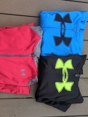 Three Under Armour Kids Size 7 Zip-Up Hoodies — Blue, Red & Black